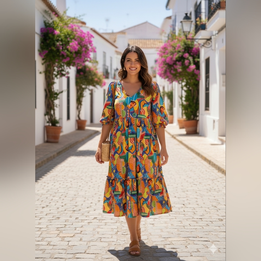 NWOT Briton Court Vibrant Colorful Geometric V-Neck Maxi Dress Small
